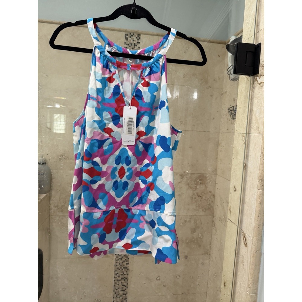 Annie Griffin Womens Large Hollis Tank Top Ibiza Silk Abstract Pink Blue NEW